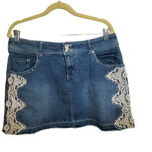 (SK 19) Jazzie Denim Crochet Lace Mini Skirt Size Large